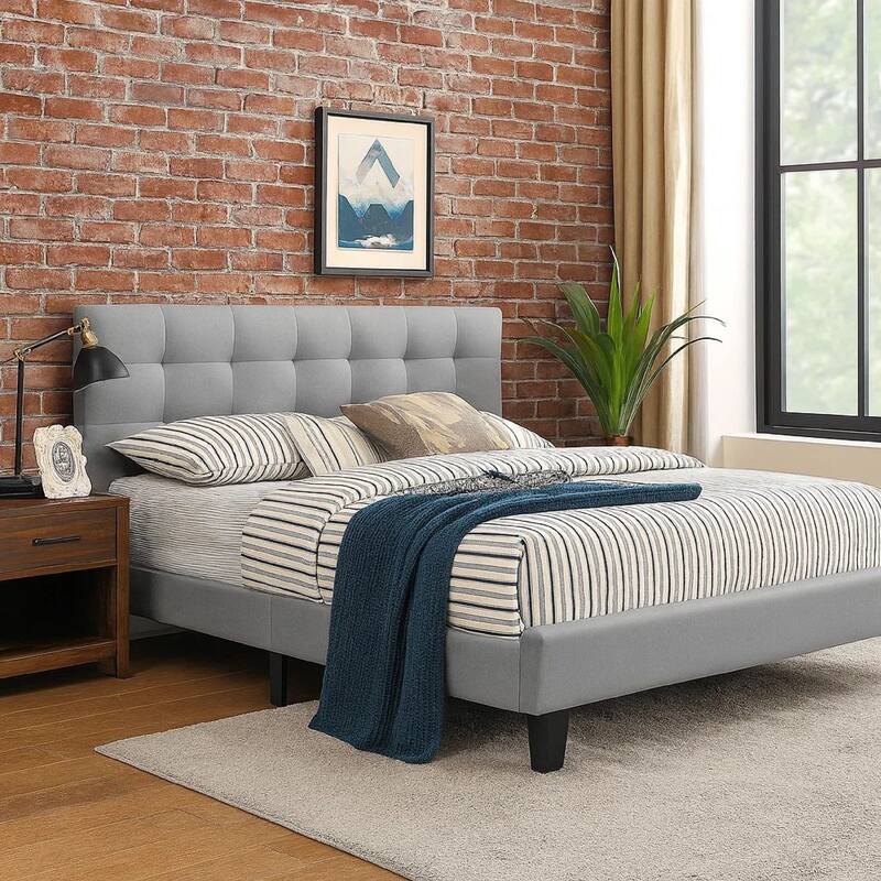 Dex Modern Platform Queen Size Bed, Square Tufted Upholstery, Light Gray