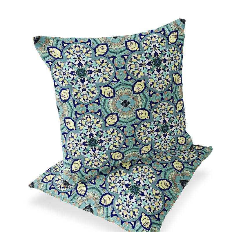 HomeRoots Set of Two 16" X 16" Green and Yellow Blown Seam Floral Indoor Outdoor Throw Pillow - 16.00' X '16.00' X '5.00