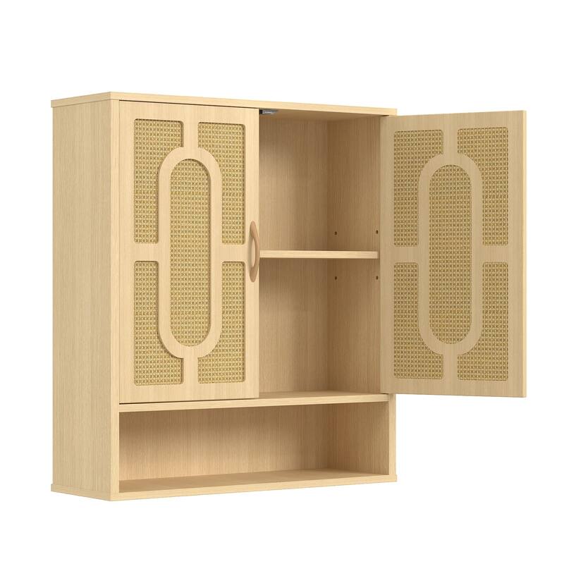 VECELO Oak Finish Wall Mounted Bathroom Cabinet Double Door Woven Rattan Medicine Cabinet with Adjustable Shelves & Open Storage