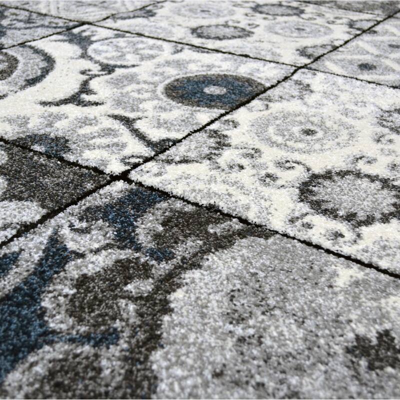 Patches Cream Blue Gray Stylish Transitional Area Rug