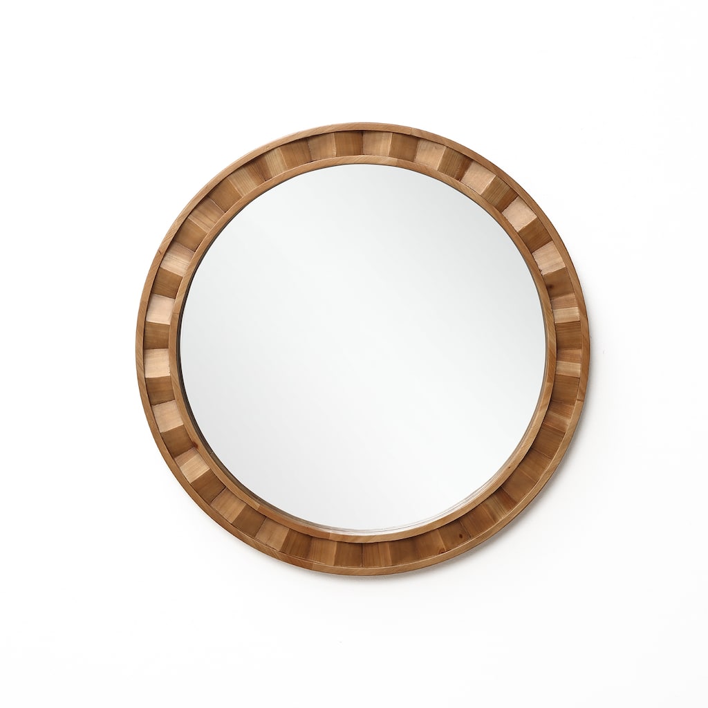 Natural Wood Frame Round Wall Mirror, 28" Rustic Wooden Decor - 27.95" H x 27.95" W