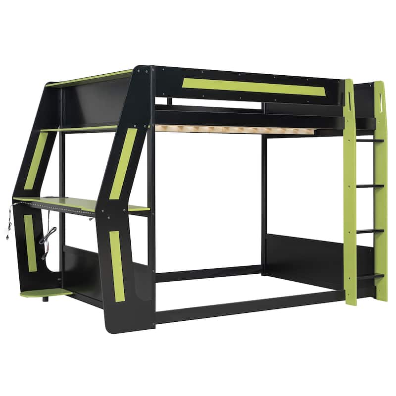 Gaming Loft Bed with Desk LED USb Shelf Full Size