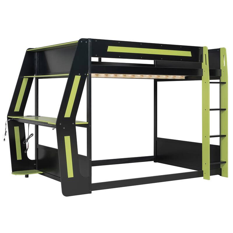 Roomfitters Full Size Gaming Bunk Bed with Oversized RGB Desk and USB Ports, Esports Loft