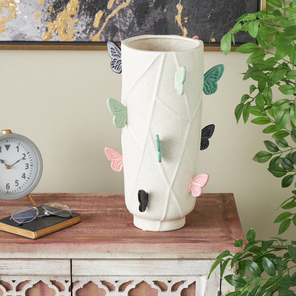 White Ceramic Wide Butterfly Decorative Vase with Multicolor Accents