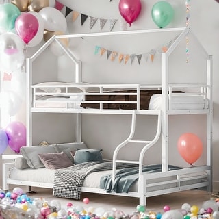 Contemporary Design Twin over Full Metal House Bunk Bed, Safety and Convenience, Stability and Durability, Space-saving, White
