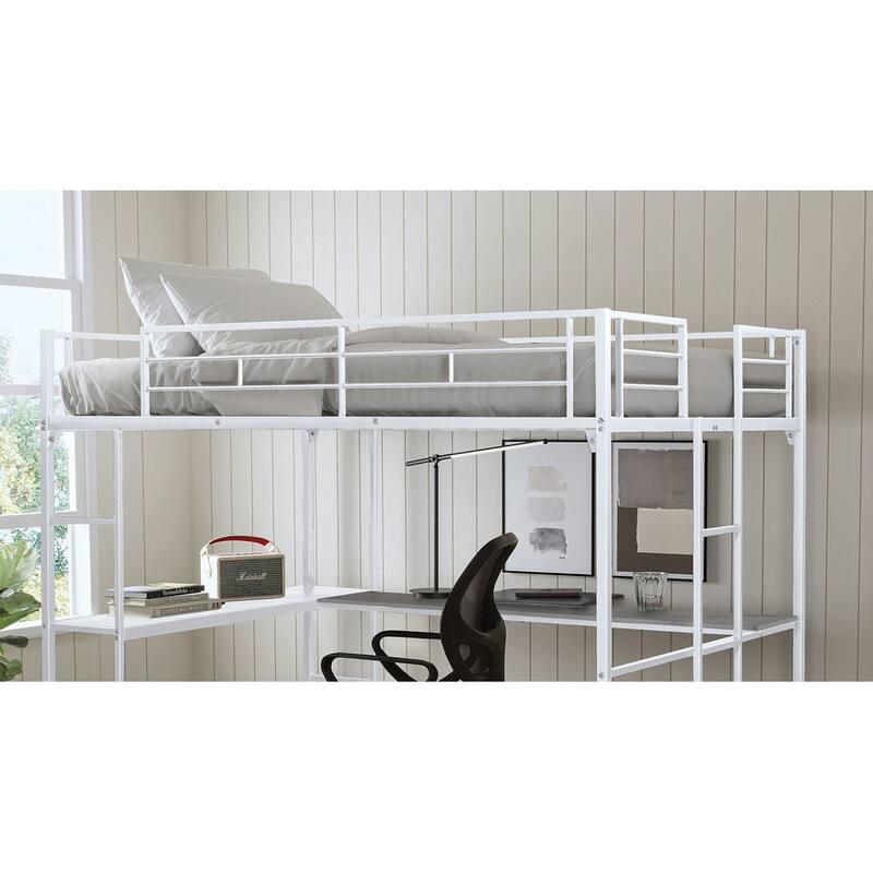 Full Loft Bed with Two Ladders and Desk, White Metal Frame, Space-Saving Design