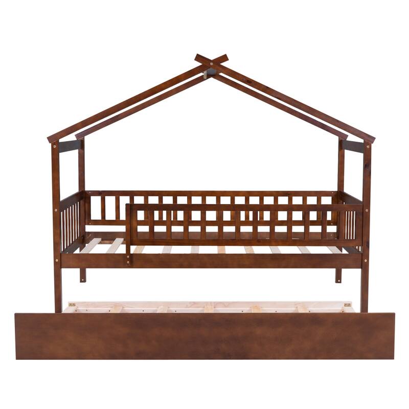 Twin Pine House Bed with Trundle, Guardrail & Roof