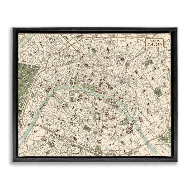 Stupell Vintage Map of Paris Framed Floater Canvas Wall Art Design By Phillipa Katz - 31 x 25 - Black