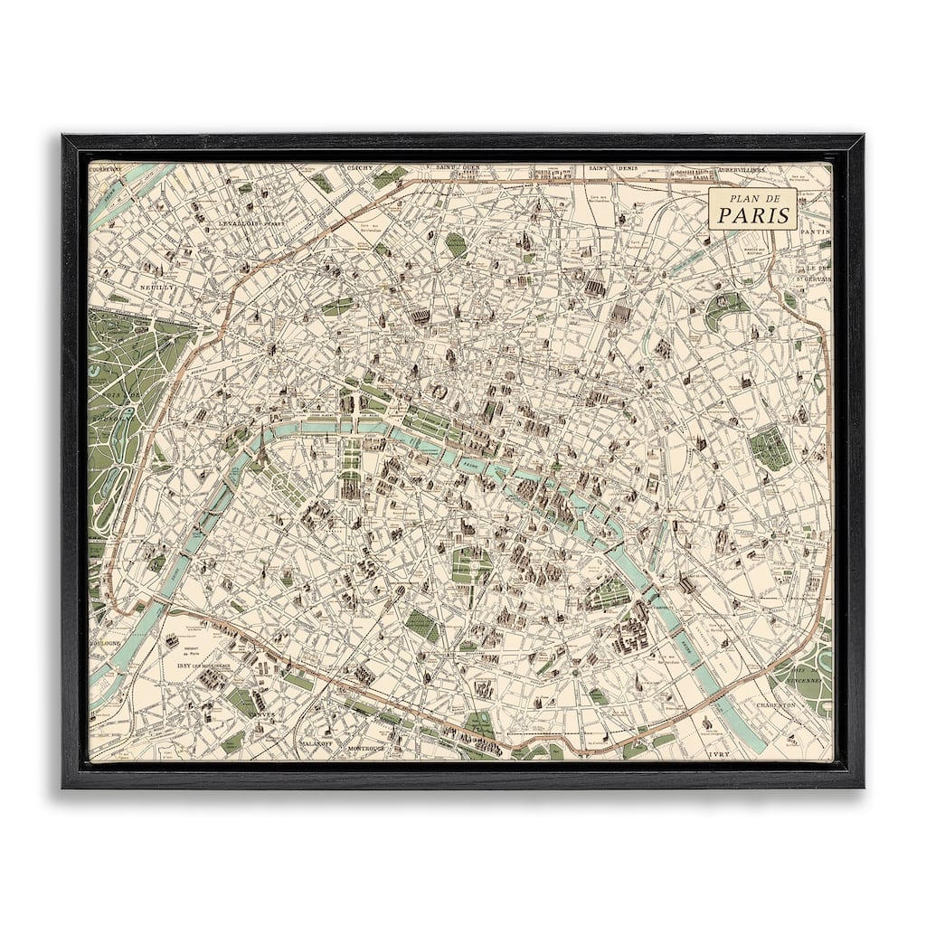 Stupell Vintage Map of Paris Framed Floater Canvas Wall Art Design By Phillipa Katz