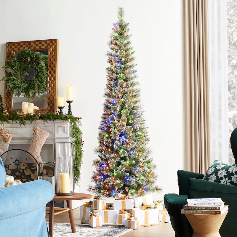 Glitzhome 7.5/9 FT Pre-Lit Frosted Cashmere Pencil Pine Artificial Christmas Tree with Clear Lights Remote Control