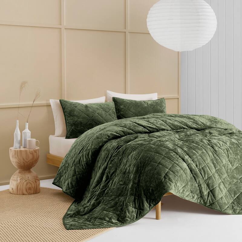 Beaute Living Diamond Velvet 3 Piece Quilt Set - Avocado Green - King