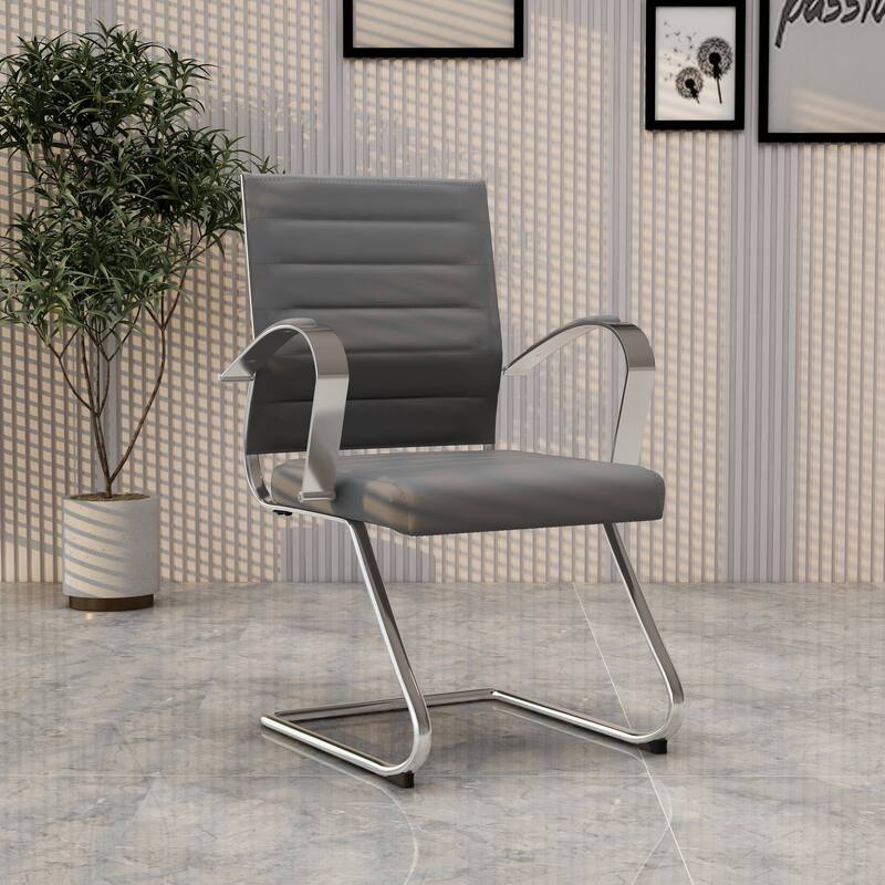 Benmar Modern Leather Office Chair with Stainless Steel Sled Base, Floor Caps, Ergonomic Desk Chair for Home Office or Workspace