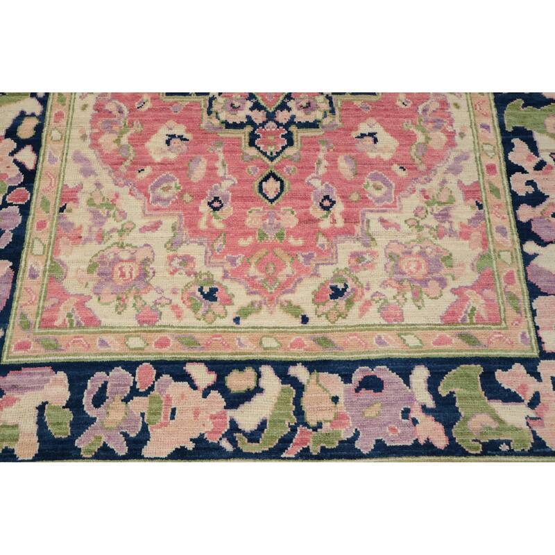 Hand Knotted Oriental 100% Wool Carpet Transitional Medallion Pink Oushak Area Rug - 6' 7'' X 5' 2''