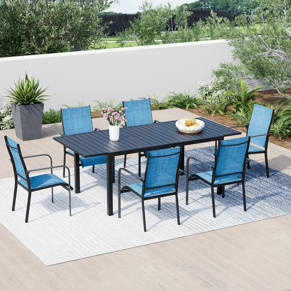 Patio Dining Set with Textilene Chairs / Swivel Rockers, Table w Adjustable Umbrella Hole