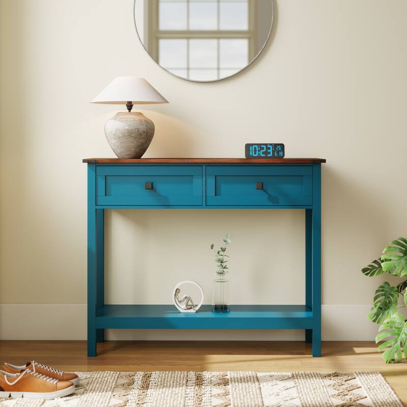 Anmytek Blue Console Table with 2 Drawer and Bottom Storage Shelf,Rustic Side Table for Entryway - Blue