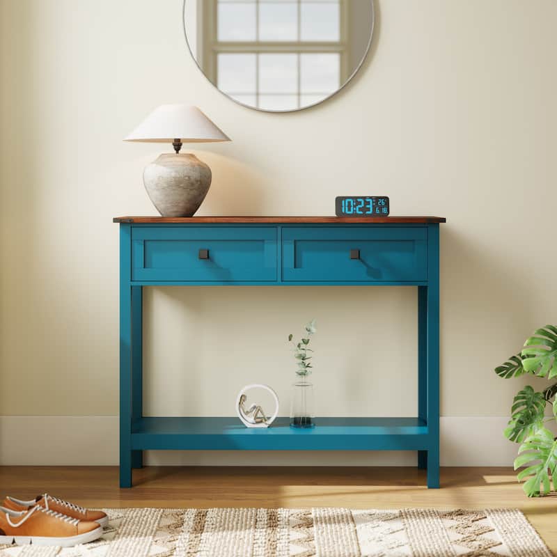 Farmhouse Style Console Table Side Table with 2 Drawer and Bottom Storage Shelf, for Living Room, Hallway - Blue