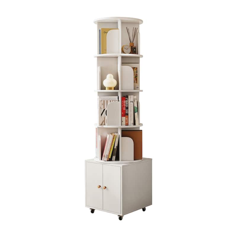 360 Degree Display 5 Tier Corner Bookshelf with Drawer, Floor Standing Bookcase Storage Rack, Wood Narrow Book Shelf Organizer