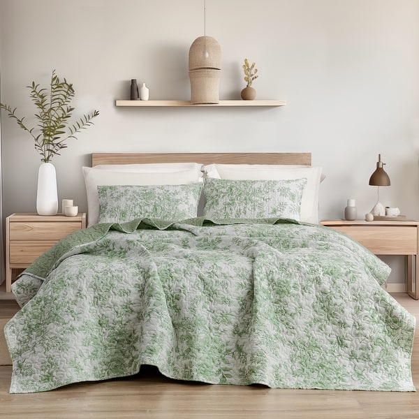 Wonderful Floral Quilt Set 3 Piece Cotton - Sage - Full - Queen