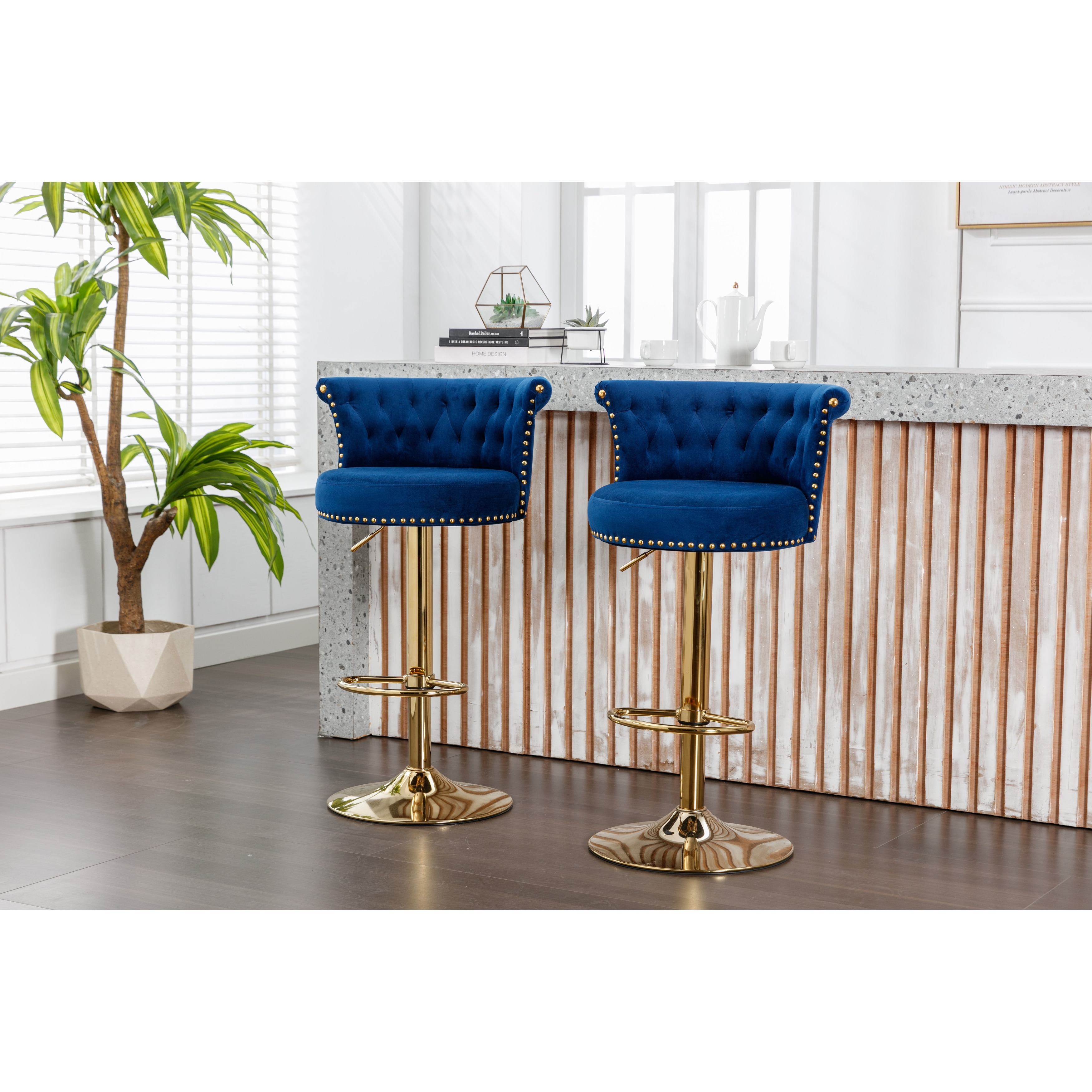 Kitchen Island Counter Height Barstools with Tufted Back Navy Blue Bar Stools Velvet Bistro Stool with Footrest Set of 2 Bed Bath Beyond 39721149
