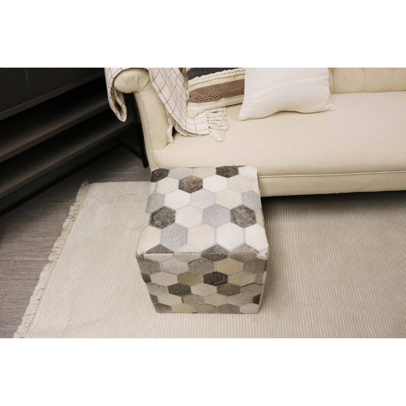 Home&Manor Palma 16" Cowhide Leather Cube Pouf