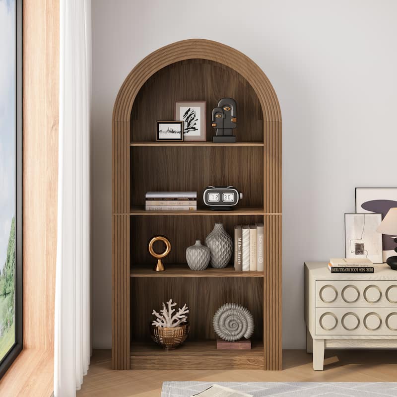78.74" Mid-Century Modern 4-Tier Tall Arched Storage Bookcase with Open Display Shelf - Brown