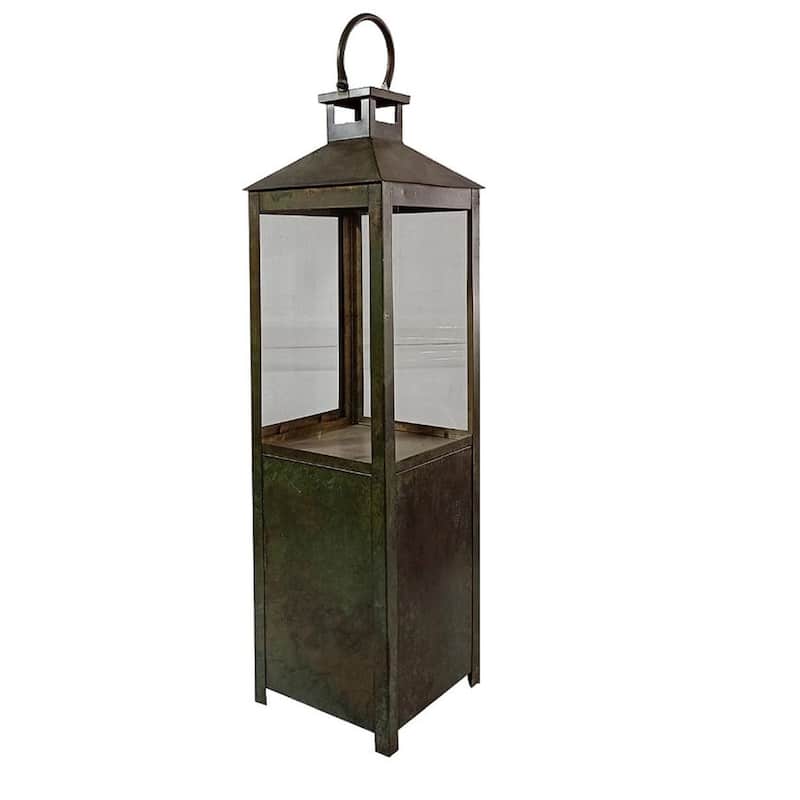 Large Lantern Green Patina Iron & Glass H 34.7" & Dia 8.66" - GREEN PATINA