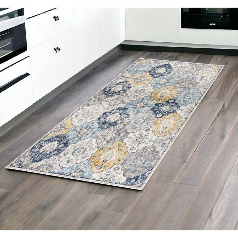 HomeRootsFloral Contemporary Round Area Rug - 89' X '89' X '0.4 - 89' X '89' X '0.4 - Blue/Gray