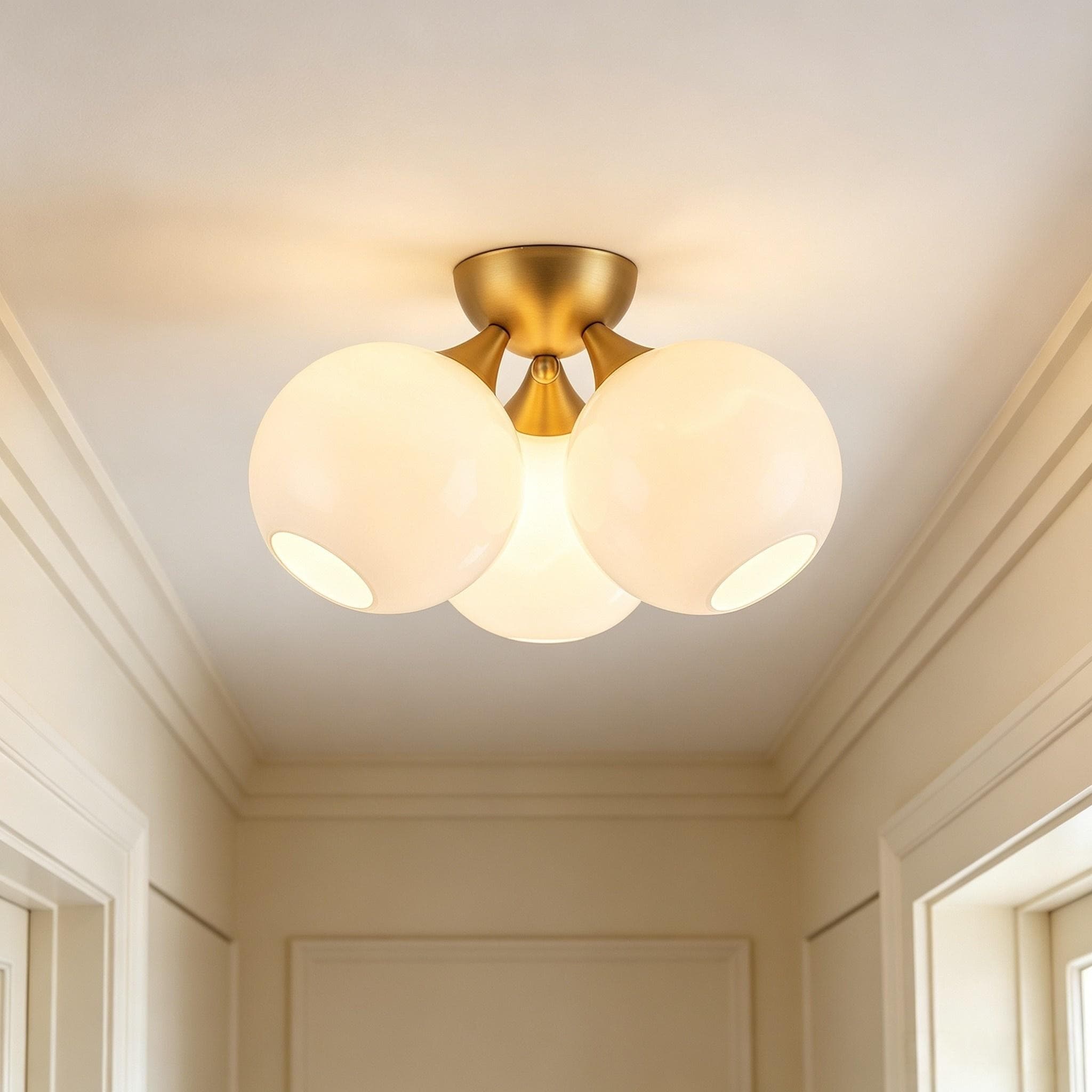 Rennnsan 3-Light Modern Mid-Century Gold Opal Glass Globe Flush Mount Ceiling Light, Flush Mount for Bedroom
