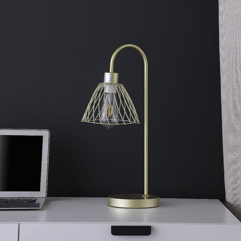 Gold Metal Bedside Lamp with Open Cage Cone Shade and Satin Finish - 10” x 7.25” x 20.5” (D x W x H)