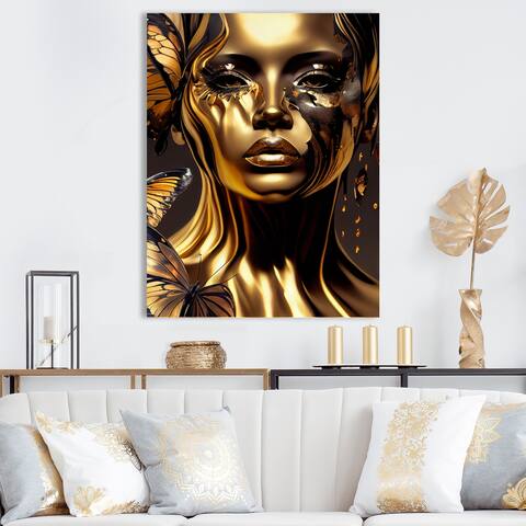 Designart 'Woman With Black And Gold Butterflies I' Woman Butterfly Metal Wall Art