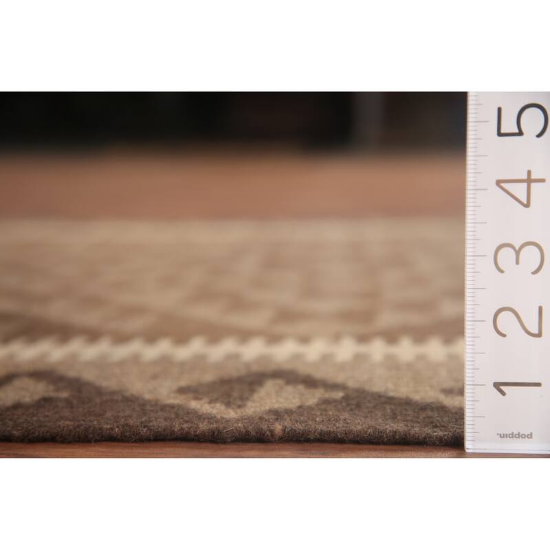 Geometric Kilim Oriental Runner Rug Flat-weave Brown Wool Carpet - 3'5" x 6'7"