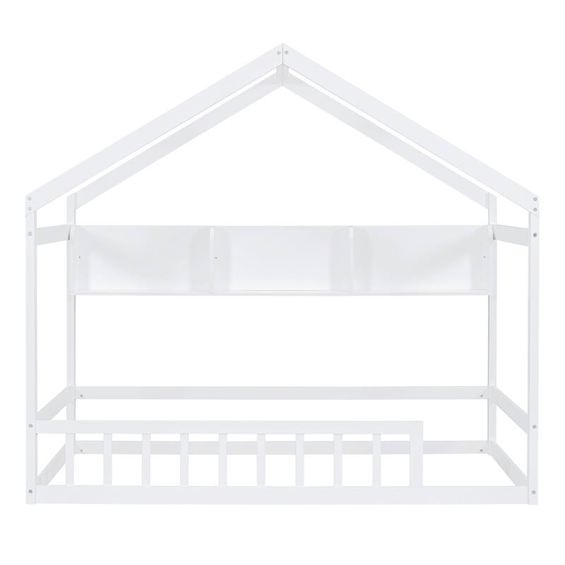 Wooden Twin Size House Bed with Storage Shelf,Kids Bed with Fence and Roof