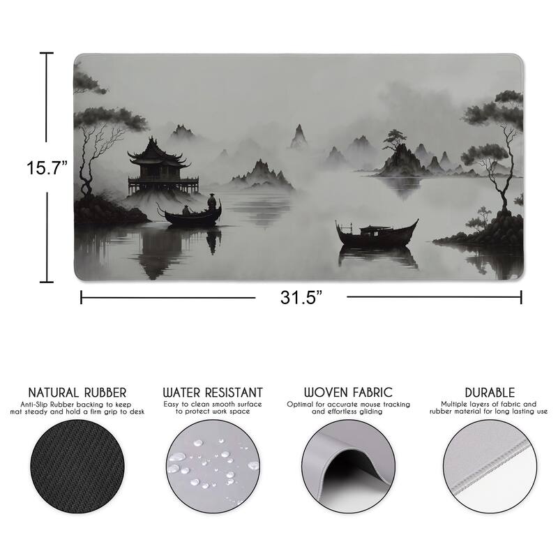 Sweet Jojo Designs Black & White Traditional Japanese Boy, Girl, Unisex/Gender Neutral Large Mouse Pad Desk Mat - Asian Ink Wash