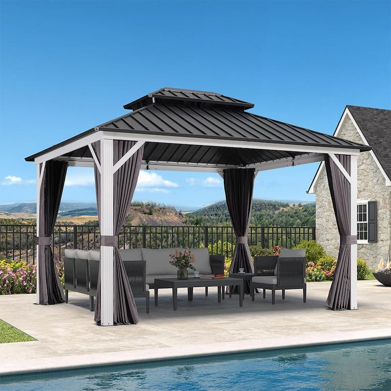 PURPLE LEAF Patio Hardtop Gazebo for Outdoor Grey Galvanized Steel Double Roof White Aluminum Poles - 10' x 12' - Grey