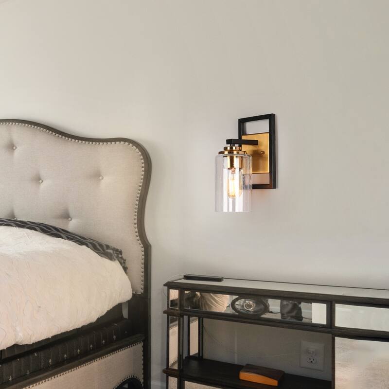 Modern Black Gold 1-Light Mini Bathroom Wall Sconce Seeded Glass Vanity Lights - 5.5" L x 6" W x 10" H