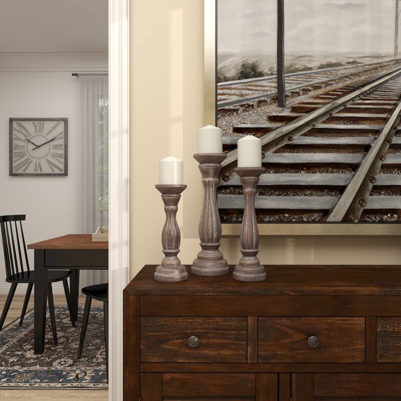 Gray, Green, Brown or Blue Wooden Distressed Turned Decorative Candle Holder (Set of 3)