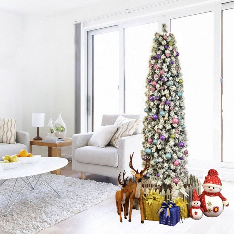 7.5ft Pencil Flocking Artificial Christmas Tree with Stand White