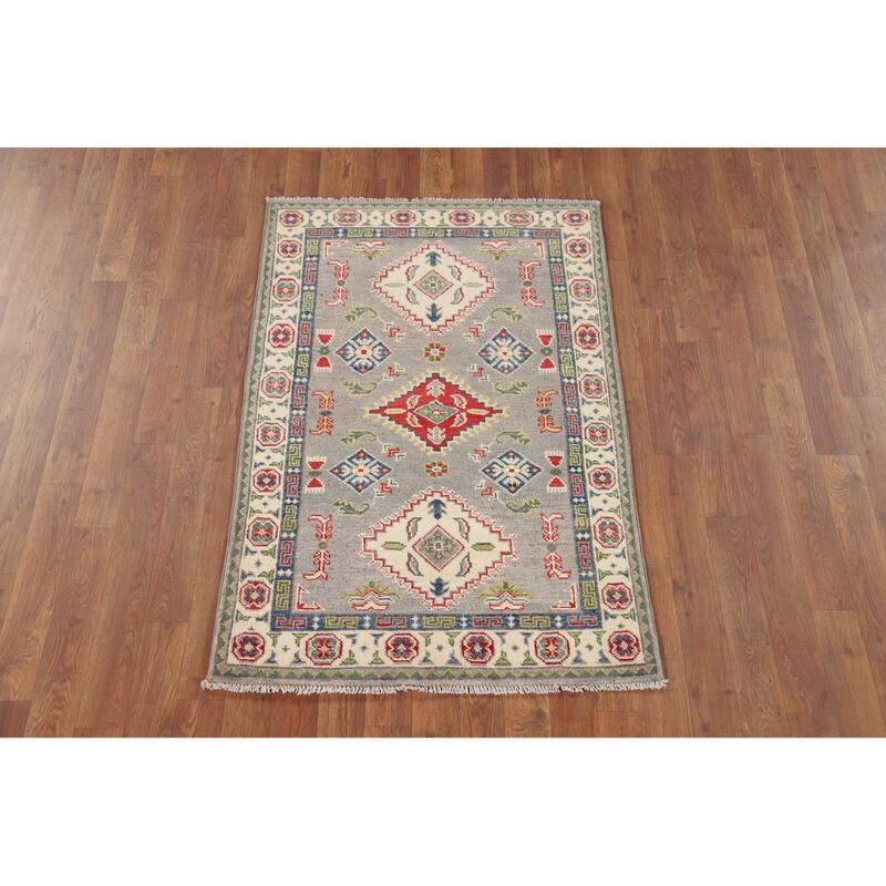Gray Geometric Kazak Foyer Rug Hand-Knotted Oriental Wool Carpet - 2'8" x 4'1"