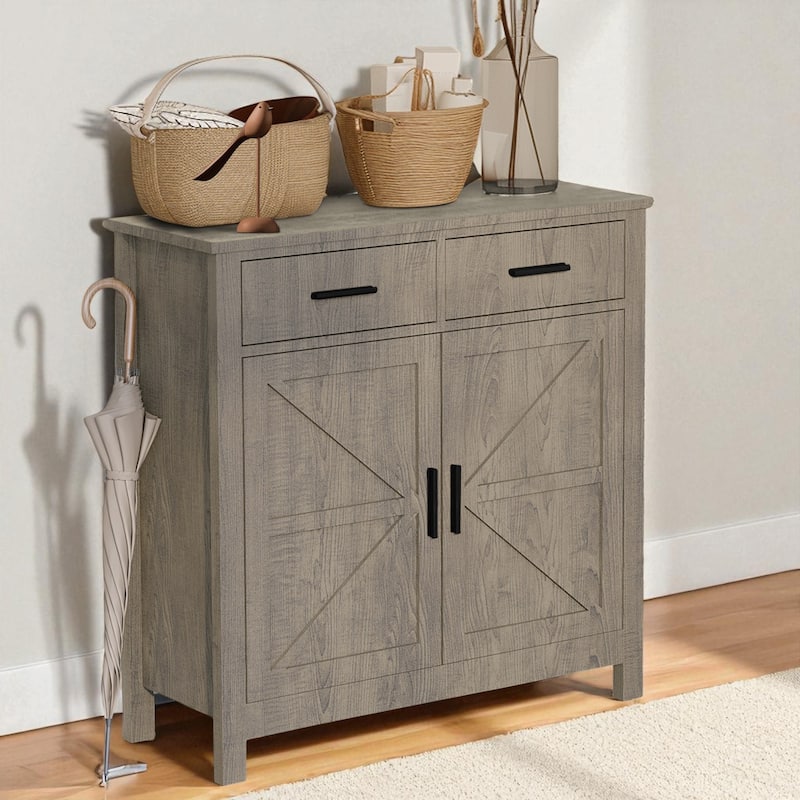 Modern Farmhouse Kitchen Sideboard with 2 Drawers and Double Doors, Buffet Storage Cabinet Coffee Bar for Dining Room. - Grey