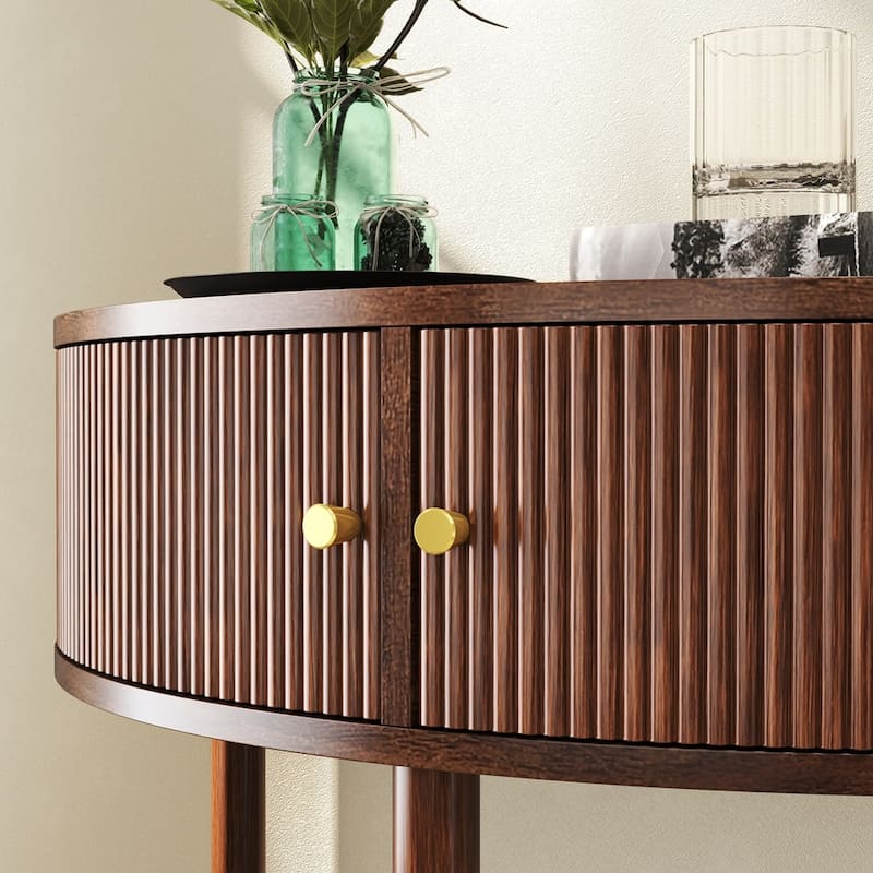 Half Moon Design End Table with Sliding Rattan Door