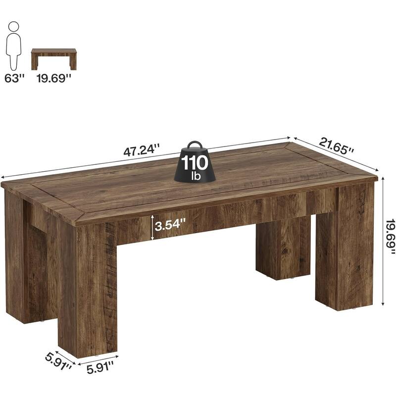 47-Inch Farmhouse Wood Coffee Table for Living Room, Rectangle Center Cocktail Table with Sturdy Legs