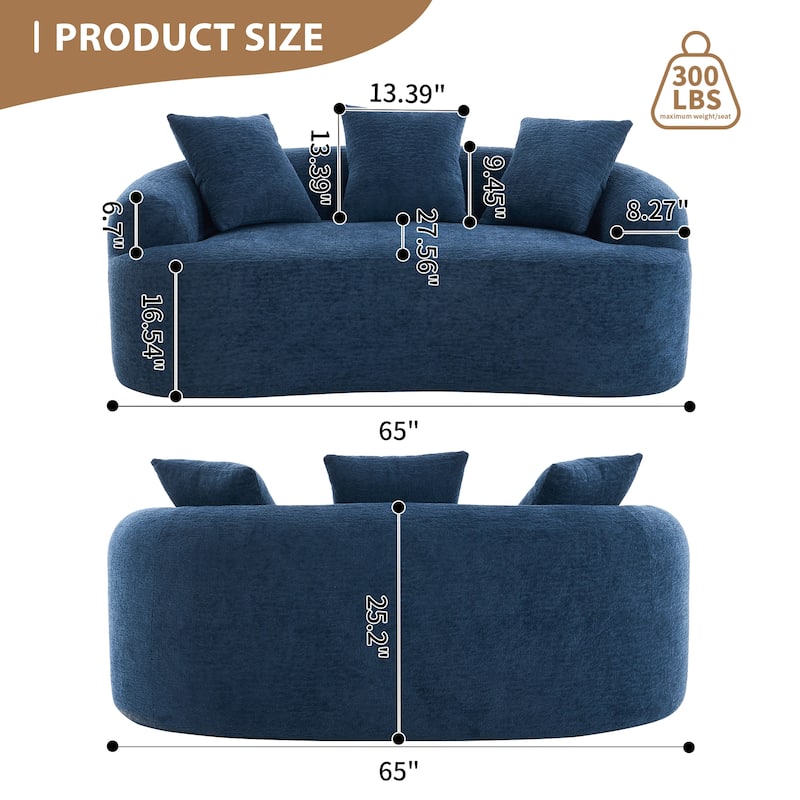 Chenille Curved Loveseat Sofa, Full Compression Sponge Sofa with 3 Pillow