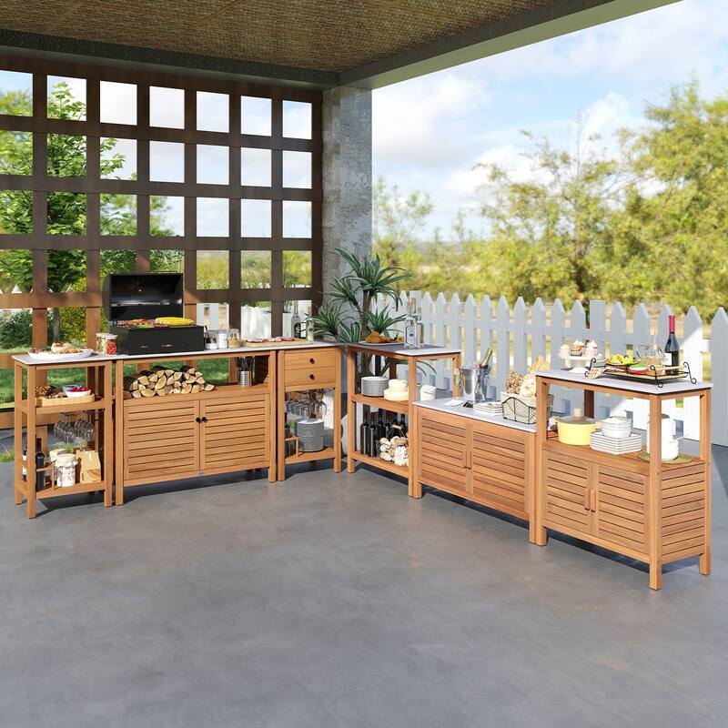 Gymax 3-Tier Patio Wood Storage Cabinet w/ Marble-Like Countertop 2