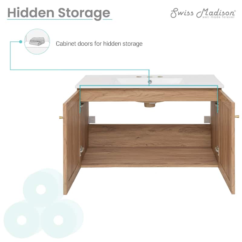 Classe 36 In. Brown Oak Wall Hung Bathroom Vanity With White, 3-Hole Ceramic Sink Top