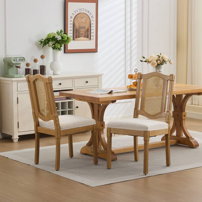 Linen Upholstered Dining Chairs Set of 2, Solid Wood Kitchen Side Chairs, Armless Lounge Chair with Rattan-Back