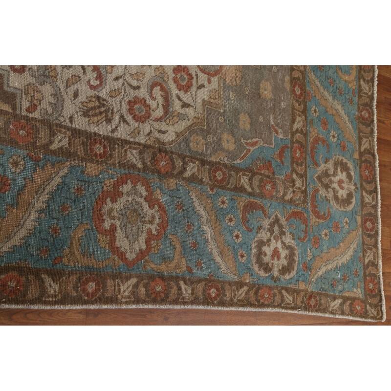 Distressed Over-Dyed Tabriz Persian Rug Antique Blue Wool Carpet - 9'5"x 11'10"