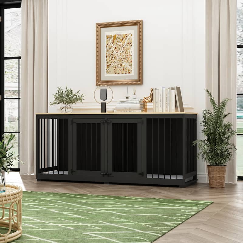 Double door large Dog Cage furniture with Removable Divider Wooden Top