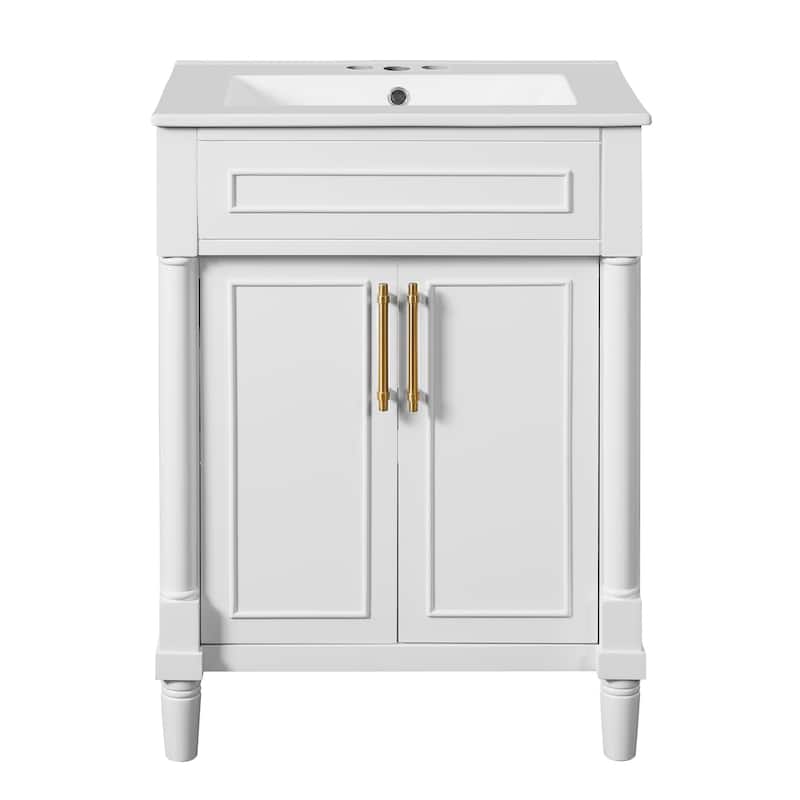 Elegant Bathroom Vanity Freestanding Storage Cabinet with Sink, 2 Doors, Gold Handles and Adjustable Interior Shelf