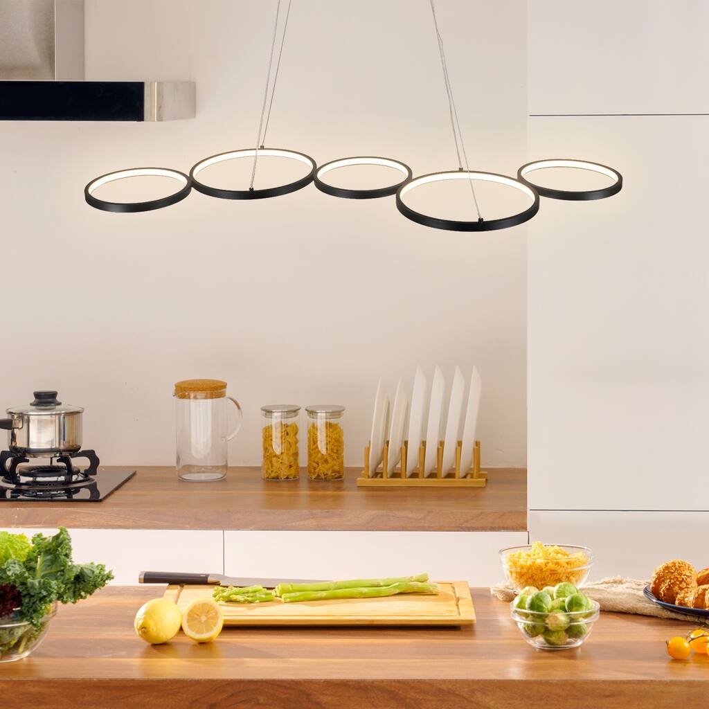 ExBrite 43 in. 27-Watt Adjustable Integrated LED Chandelier Light Fixture Black 5 Rings Pendant