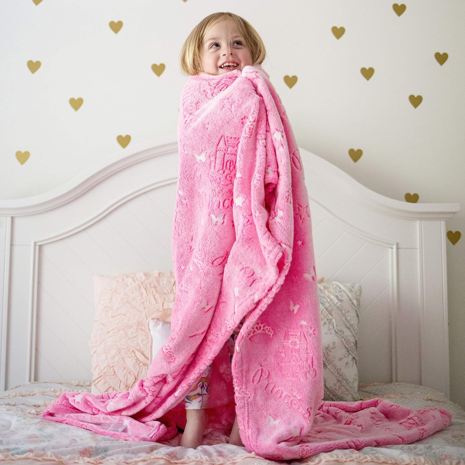 Glow in the Dark Princess Pink and White Soft Plush Blanket for